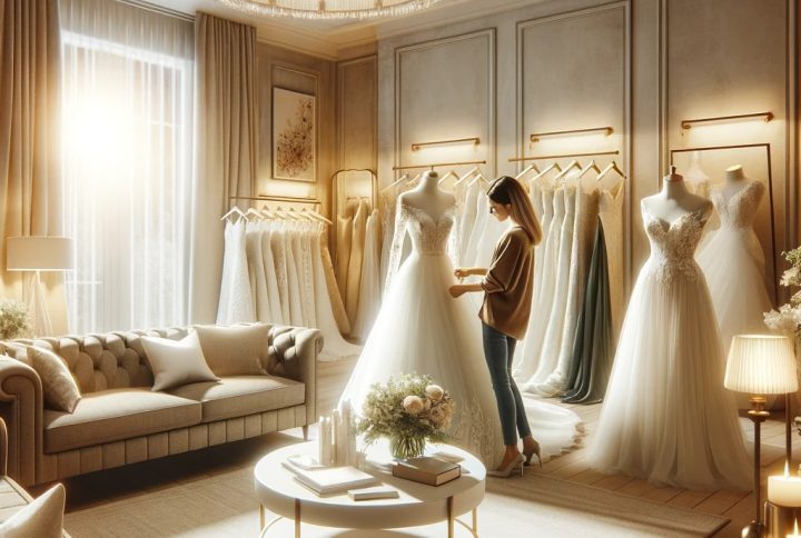 An elegant bridal boutique interior with a variety of wedding dresses on display, featuring staff assisting a bride in a beautiful gown, in a warmly lit, tastefully decorated space symbolizing the essence of bridal elegance and personalized service in Omaha.