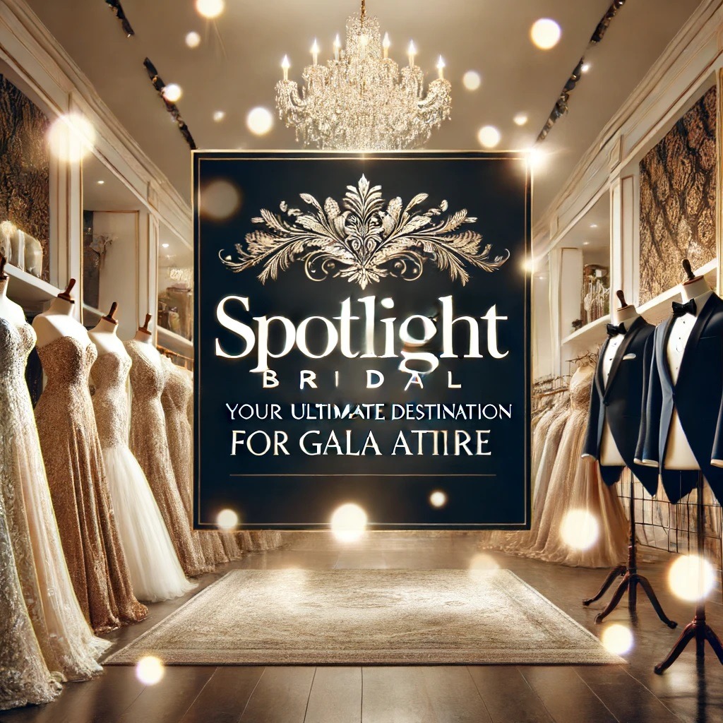A stylish and elegant thumbnail image featuring the Spotlight Bridal logo with a backdrop of luxurious formal wear. The background showcases stunning evening gowns and sharp tuxedos on mannequins or racks in a well-lit, beautifully decorated boutique setting. The text 'Your Ultimate Destination for Gala Attire' is elegantly displayed, creating an inviting and sophisticated visual appeal.