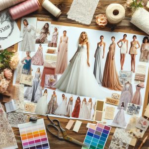 A wedding dress mood board featuring magazine clippings of wedding dresses, fabric swatches, lace samples, photos of brides, color swatches, and dress sketches. The board is set on a wooden background, surrounded by scissors, a glue stick, and decorative flowers, creating a creative and inspiring atmosphere.