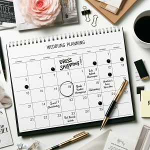 A stylish calendar showing a month view with a date circled and labeled "Dress Shopping!" Other notes like "Book Venue" and "Send Invitations" are also visible. The calendar is on a well-organized desk with wedding planning items such as a bridal magazine, a cup of coffee, a pen, sticky notes, and a laptop, creating a modern and organized atmosphere.