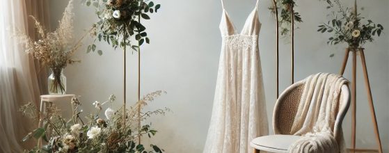 Feature image for a boho wedding article, showcasing a modern boho wedding arch with minimalist greenery and flowers, a flowy lace wedding dress draped on a nearby chair, and boho accessories like a flower crown and layered jewelry. The scene is set in a soft, serene atmosphere with natural light filtering through, encapsulating the essence of a boho wedding.