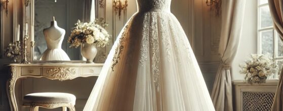 Elegant wedding dress displayed on a mannequin in a vintage-style room with soft sunlight highlighting the intricate lace details and pristine condition, symbolizing the importance of preservation.